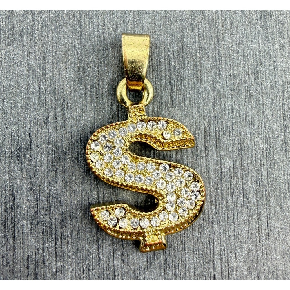 Gold Tone Dollar Sign Pendant Rhinestone Hip Hop Bling Statement Accessory Gift